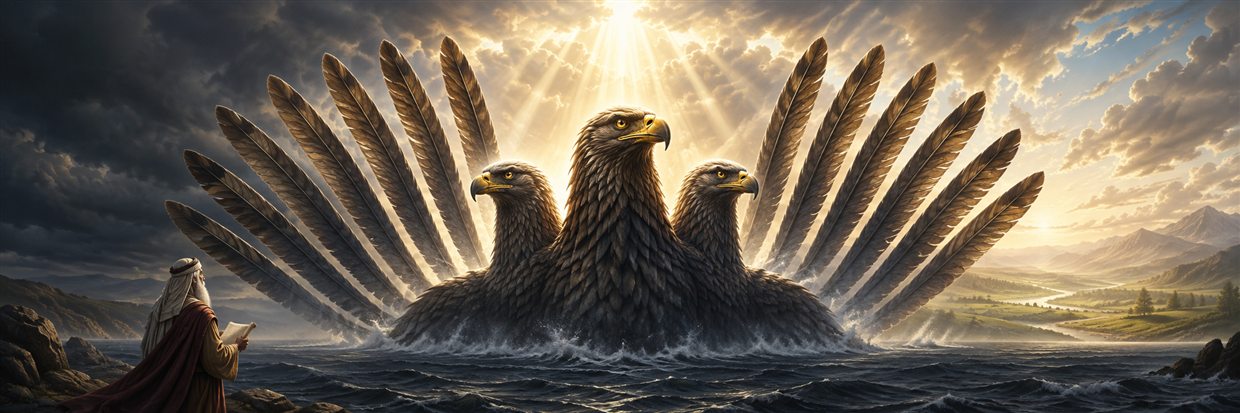 A three-headed eagle with twelve wings rises from the sea as judgment confronts its oppressive dominion
